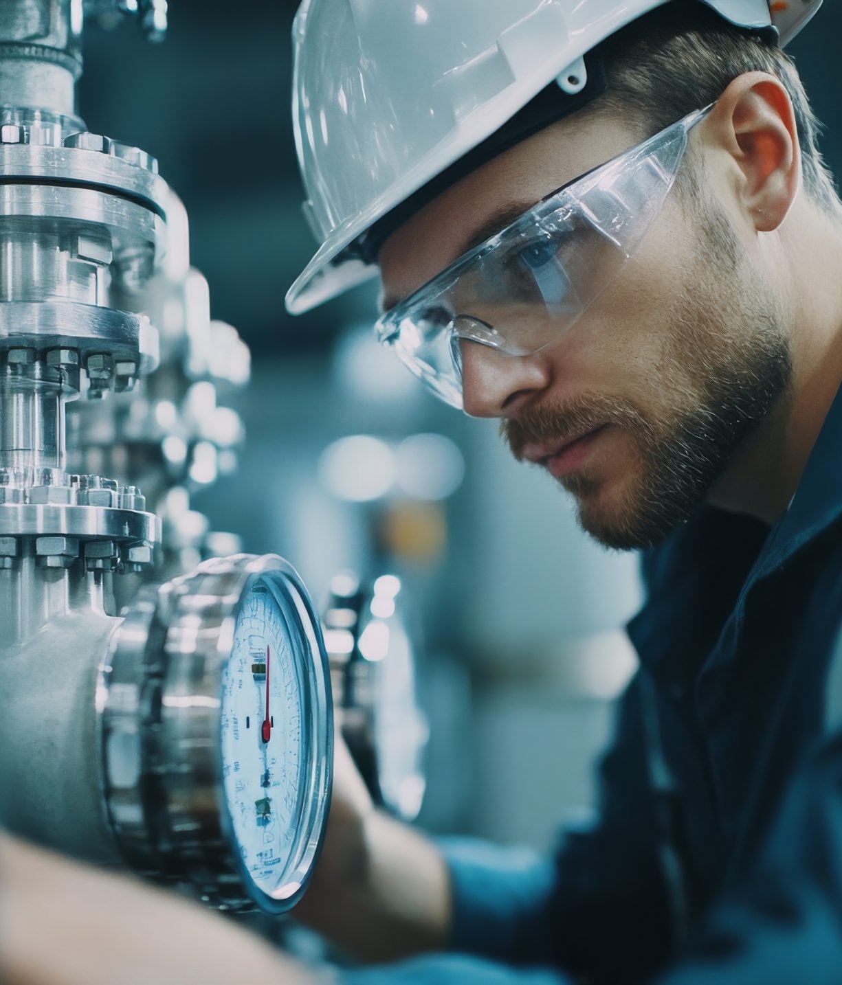 Mechanical engineer inspecting hydraulic systems at an industrial plant. Featuring technology and precision