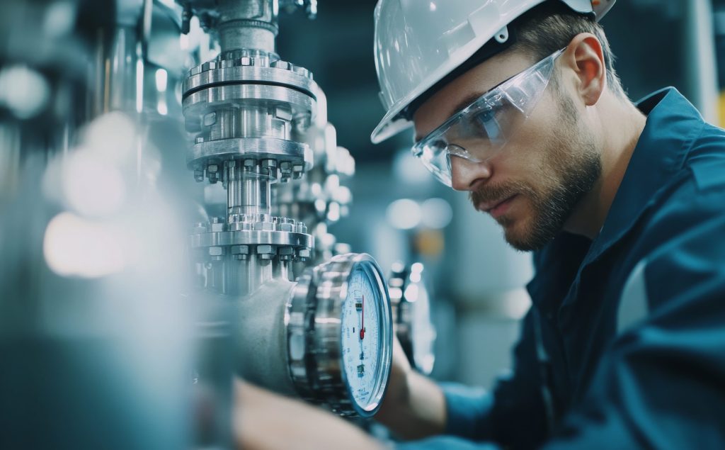 Mechanical engineer inspecting hydraulic systems at an industrial plant