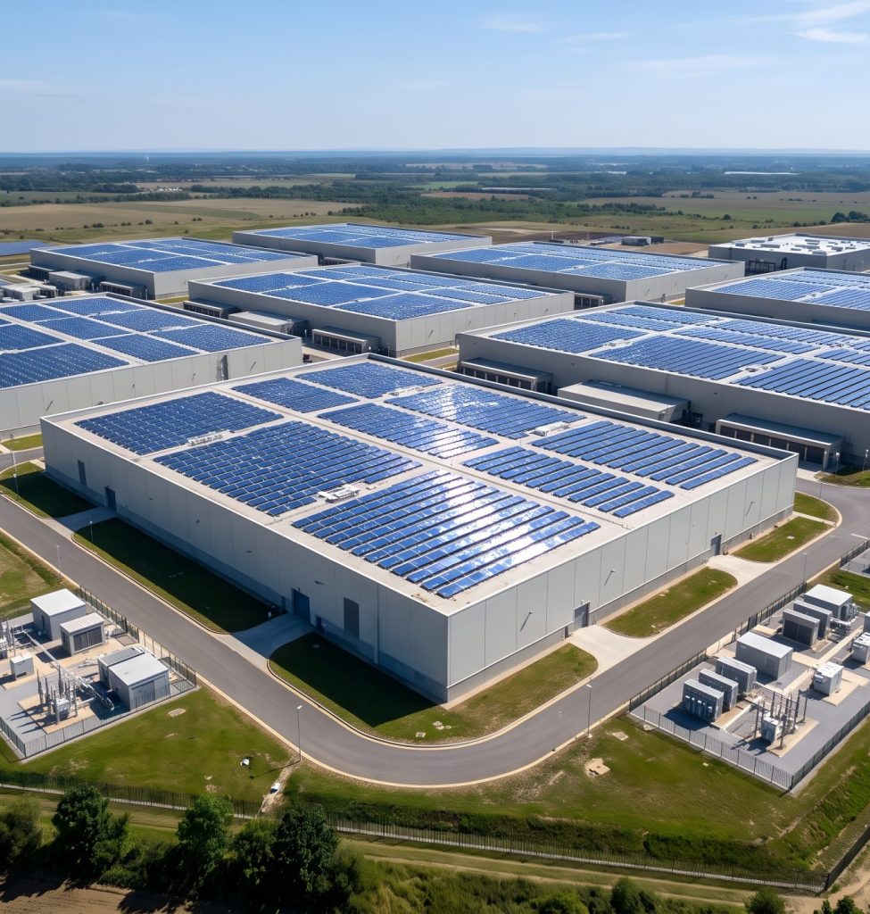 Aerial view of a data center campus with rooftop and surrounding solar panels.